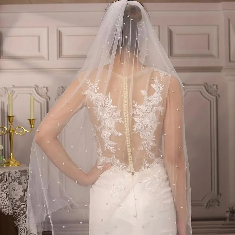 Elegant longer White Tulle Veil with Pearls